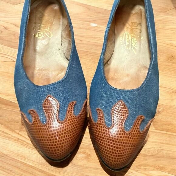 Vintage Denim Wedge Platform Heels 7.5 Retro Pointed Almond Western - Picture 3 of 7
